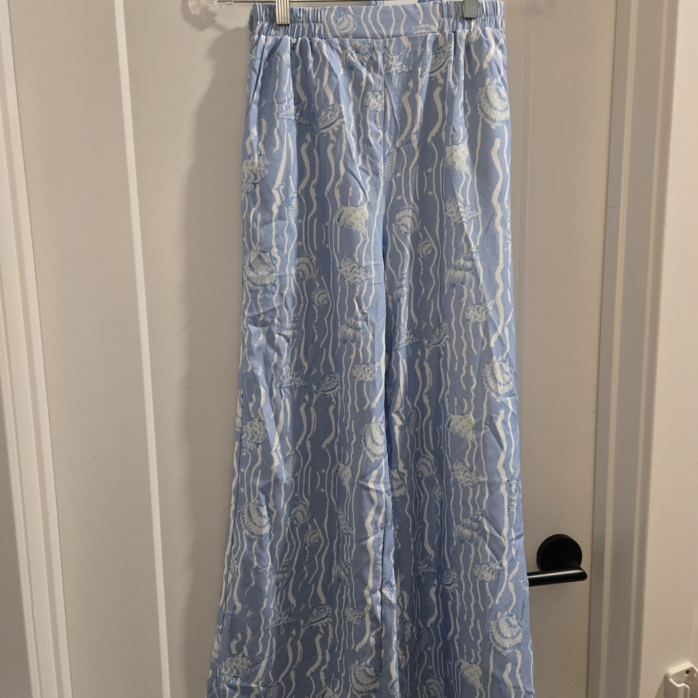 Cider Light Blue and White Wide Leg Linen Pants